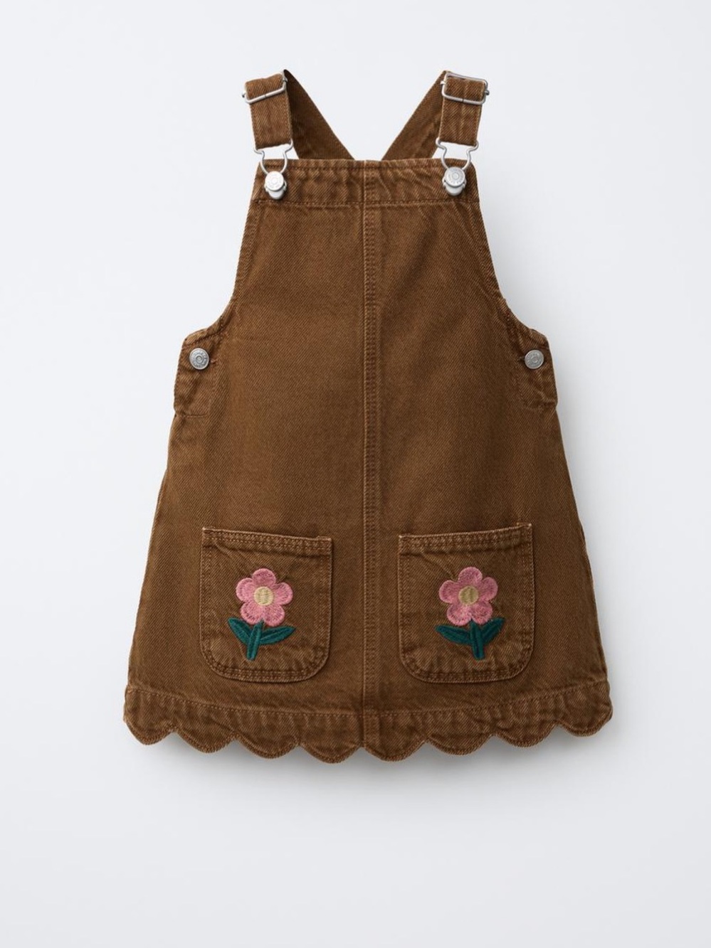 Zara Brown Corduroy Pinafore with Pink Floral Pockets